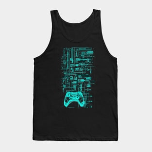 Neon Teal Video Game Controller Blueprint Tank Top